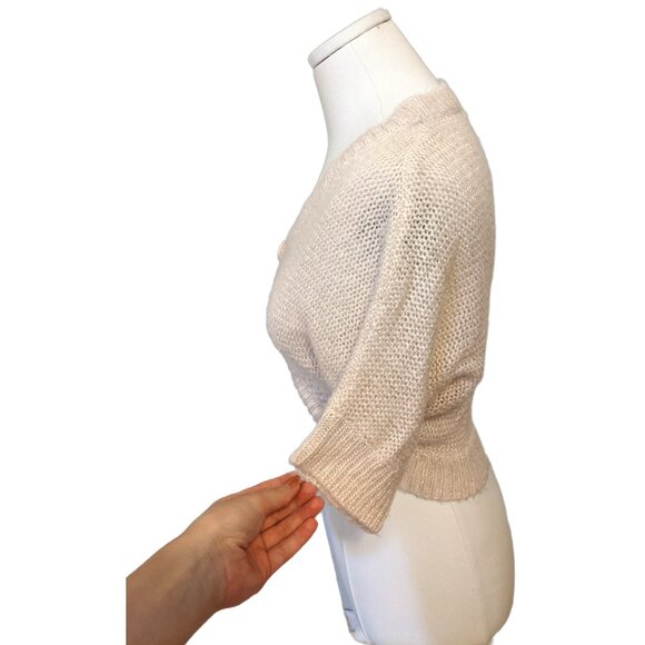 Womens Beige Knit Shrug Cardigan Glitter Fall Girly Elegant Short Sleeve Sz M - Picture 4 of 6